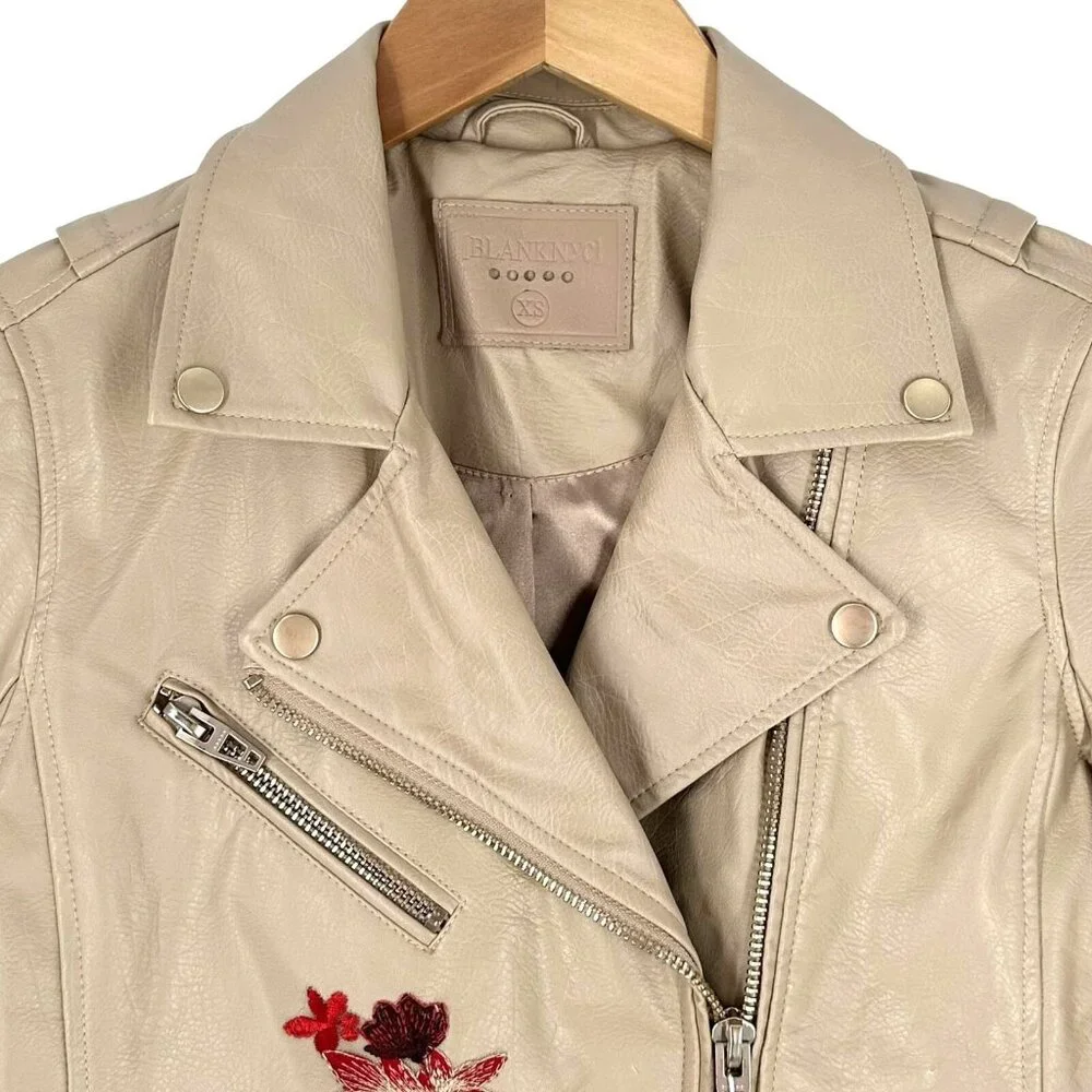 NWT Blank NYC Tan Floral Embroidered Vegan Leather Moto Jacket Size XS Biker - Picture 6 of 10